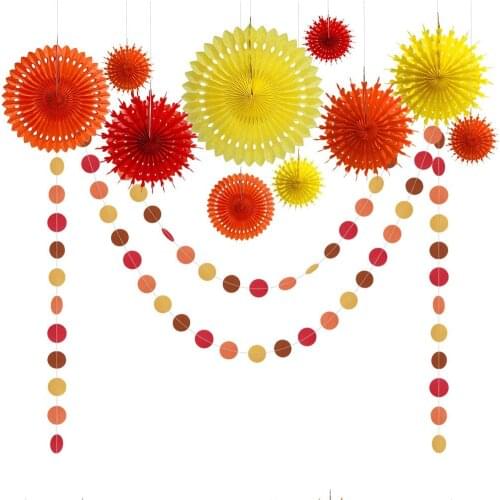 12Pcs Red Orange Yellow Paper Wedding Decoration Set 3D Snowflakes Fan Circle Garland Autumn Themed Birthday Bridal Shower Decor