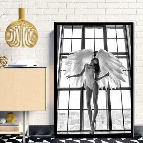 Black And White Angel Girl Posters And Prints Fashion Woman Dancing Canvas Painting Print Wall Art Picture Home Decoration Mural