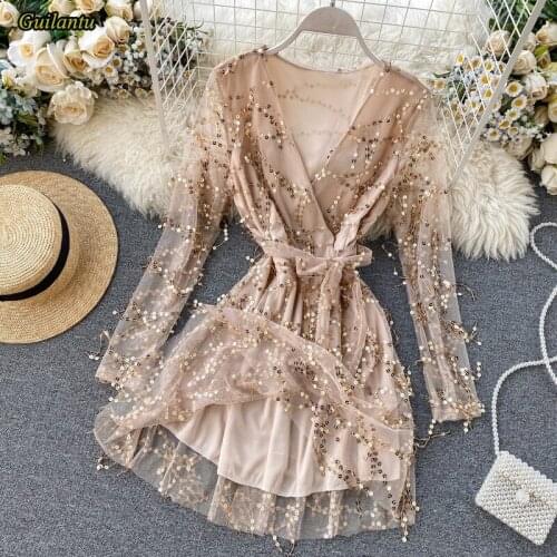 Guilantu Sequined Tassels Sexy Club Midi Dress Women Clothes V Neck Long Sleeve Mesh Bandage Dress Elegant Evening Party Dresses