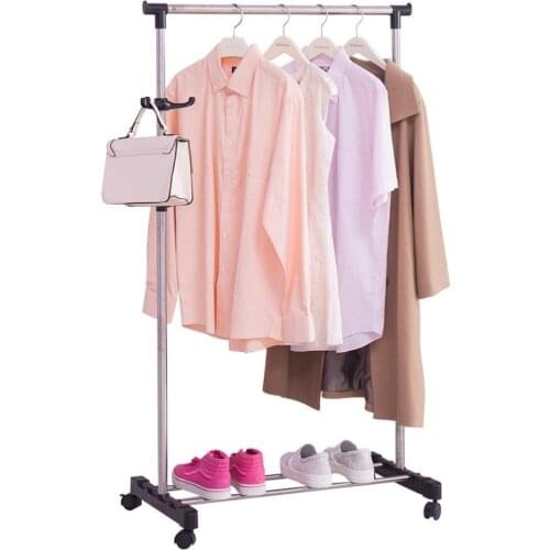 Adjustable Height Single Rod Rolling Garment Hanging Rack Clothes Organization Stand Rail with Bag Hooks Shoes Board DQJ001