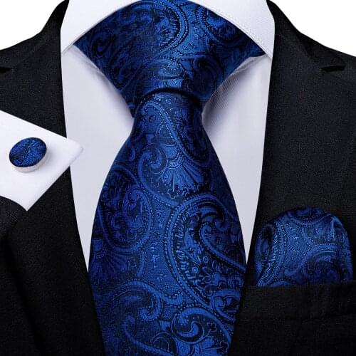 Luxury Royal Blue Paisley Floral Silk Tie 8cm Wide Men Wedding Party Formal Business Necktie Pocket Square Cufflinks Set DiBanGu