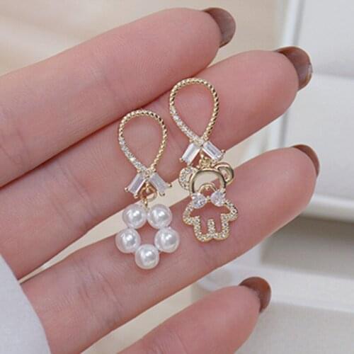 S925 Silver Needle Exquisite Micro-inlaid Zircon Pearl Bear Cute Asymmetric Earrings for Woman Simple Daily Luxury Earring