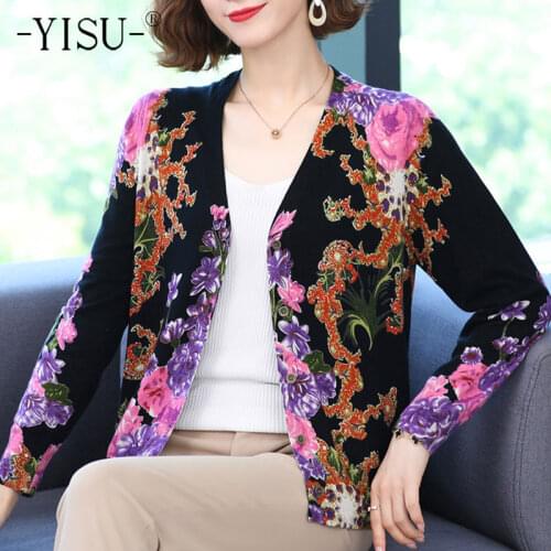 YISU New Loose Womens clothing Cardigan Sweater Long Sleeve V-neck Knitted Sweater Coat Fashion printing sweater cardigan Jacke