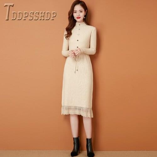 2019 Autumn New Long Style Knitting Women Dress Lace Patchwork Temperament Female Dresses