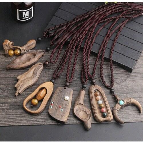 New ethnic style sweater chain retro pendant ebony wood pendant long necklace women clothes with Chinese style jewelry