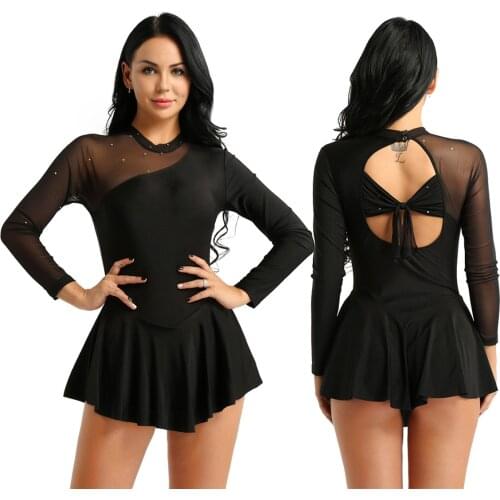 Womens Ballerina Performance Dancewear Adult Femme Backless Skating Dress Splice Ballet Dance Gymnastics Leotard Costumes Dress