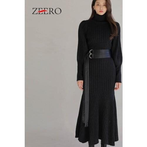 Autumn Women Bodycon Jacquard Knitting Dresses Winter Casual Lapel Pearl Lantern Long Sleeves Base Warm Fishtail Sweater Dress