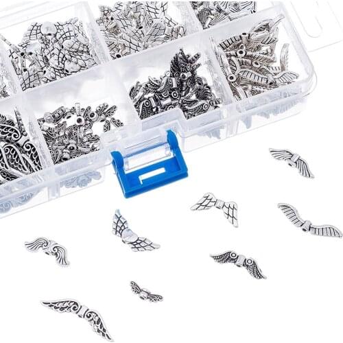 1Box Wing Alloy Beads Charm Metal Spacers Beads For DIY Jewelry Making Antique Silver Color 4~12x14~30x3~4mm Hole: 1mm