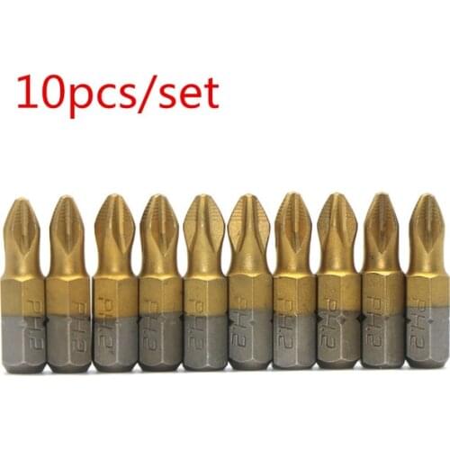 10pc Titanium coated 1/4" Hex Shank L 25MM PH2 Electric Anti Slip Phillips S2 Screwdriver Bit