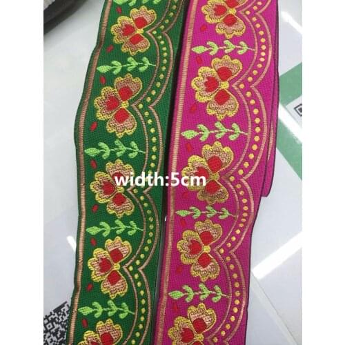 10yards/lot width 5cm Woven Jacquard Ribbon green and pink with gold Flowers for clothing accessories CH-411