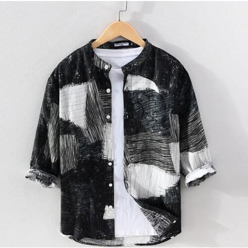 100% Pure Linen Three Quarter Sleeve Shirt for Men Summer New Casual Tops Male Stand Collar Black Print Daily Button Up Clothes