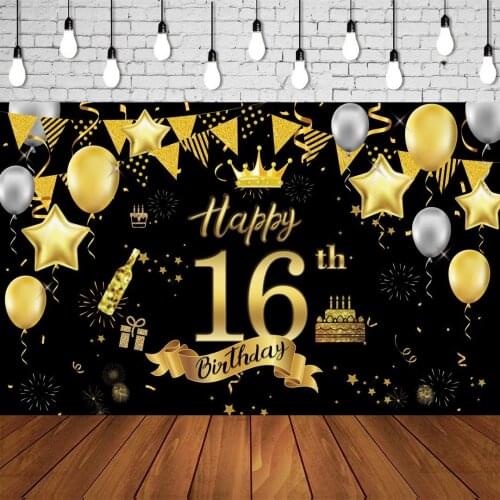 16th Happy Birthday Banner Party Backdrop Decorations Sign Poster Black Gold Supplies For 16th Anniversar Background