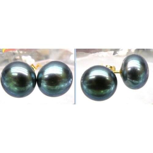 Free shipping HOT Perfect 10-11mm BLACK Peacock Green South Sea Pearl 14k/20 Gold Earrings