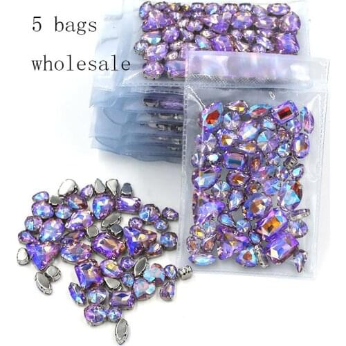 Free shipping Wholesale 5 bags mixed shape sew on glass Crystal purple AB silver base rhinestones diy dress/Clothing accessories