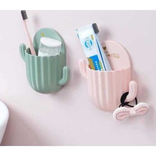 Household Wall Self-adhesive Cactus Storage Rack Kitchen Bathroom Toothbrush Storage Wall Mount Bottom Hole Design Shelf
