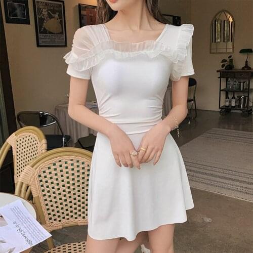 One Piece Swimsuit Women 2021 Bikini Set Short Sleeve White Bra Princess Skirt No Underwire Korean Print Polyester Sierra