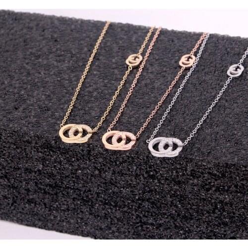 Fashion Double One-Piece C- Letter CNC Micro Diamond Set Rose Gold Necklace Cool Trendy Clavicle Chain