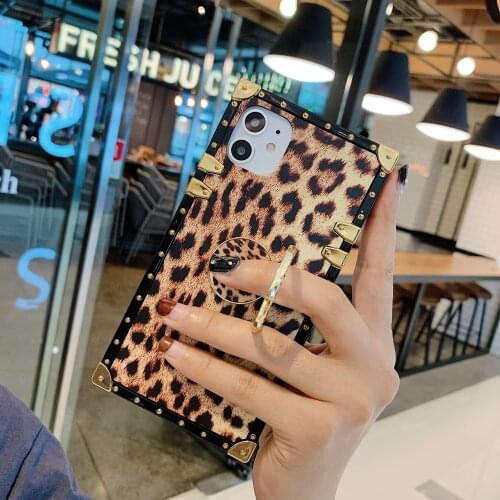 Square Leopard Case For Xiaomi Mi9 Redmi7 Redmi Note9 Pro Note9s Note8 Pro Cover Bling Rhinestones Finger Stand Girly Back Coque