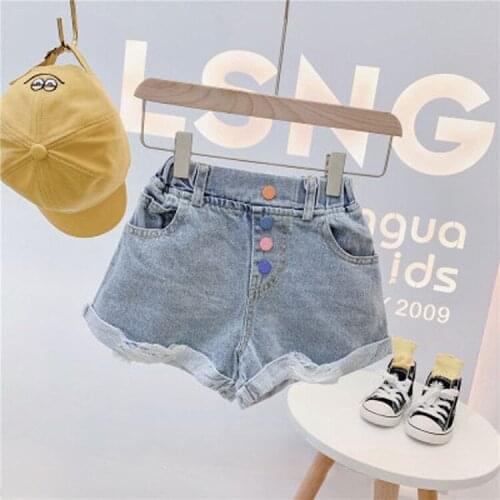 2021 Korean style childrens clothing girls summer new casual color buckle hem ripped fashion jeans shorts pants for girl