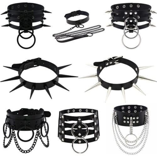 FXCUBE Punk Goth Long Rivet PU Leather Choker Necklace For Women Men Steampunk Rock Metal Chain Bondage New Festival Emo Jewelry
