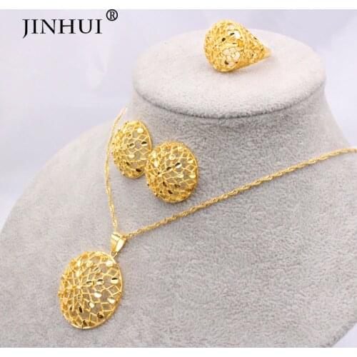 Ethiopia 24K gold plated Dubai jewelry sets women African Party wedding gifts Necklace and Earrings ring sets 45cm Pendant gifts