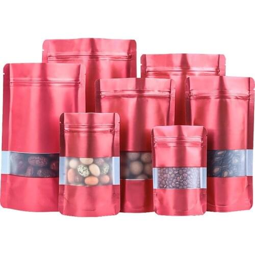 100Pcs Red Mylar Foil Stand Up Zip Lock Bag with Frosted Window Self Grip Seal Tear Notch Reusable Doypack Food Storage Pouches