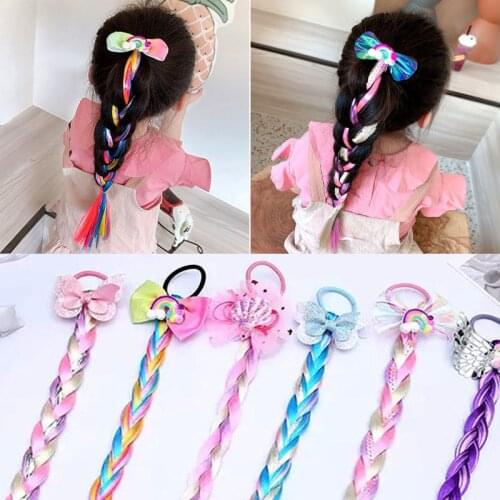 Cute Cartoon Childrens Hair Rope Girl Color Wig Braided Ponytail Holder Hair Accessories Fashion Bow Elastic Scrunchie Headdress