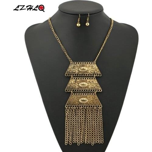 LZHLQ Retro Multilayer Geometric Necklaces Women Trendy Ethnic Pattern Necklace Plated Collar Long Tassel Jewelry Statement