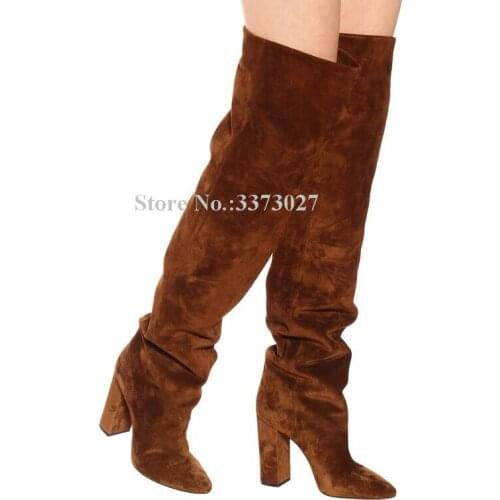Fashion Suede Pleated Chunky Heel Long Boots Women Pointed Toe Thick Heel Knee High Boots Lady Popular Party Shoes Dropship