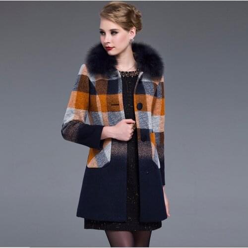 New Arrival Winter Woolen Coat Women Fur Collar British Style Grid Cashmere Coat abrigos y chaquetas mujer invierno 2016 XXXL