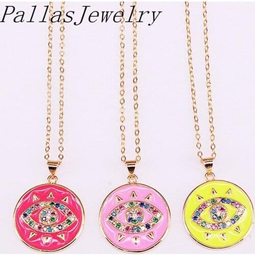 10Pcs Fashion Enamel Charm Round Pendant Necklaces Rainbow Zirconia CZ Micro Paved Eye Golden Jewelry For Women