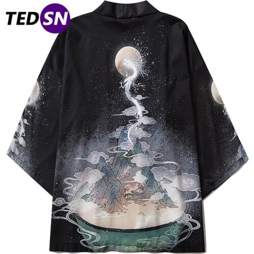 Aelfric Eden 2020 Hip Hop Japanese Kimono Jacket Men Flying Dragon Front Open Coats Summer Harajuku Loose Shirt Japan Streetwear