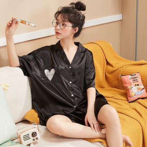 Womens Homedress Pajamas Sets Short Sleeve Shorts Ice Silk Nightgown Turn-down Collar Sleepwear Silk-like Fabric Home Clothing