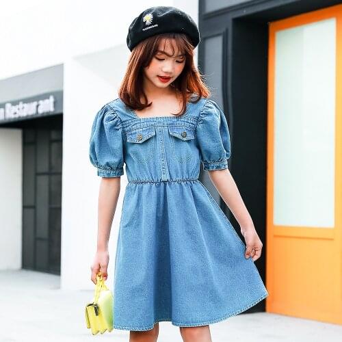 2021 Girl Dress Summer Puff Sleeve Kids Dress Elegant Fashion Denim Dresses Princess Costume Children Clothing 4 6 8 10 12 14 Y