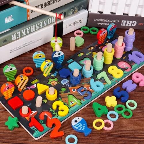 Educational Wooden Building Blocks Montessori Toys For Children Learning Count Numbers Math Board Math Fishing Puzzle Toys