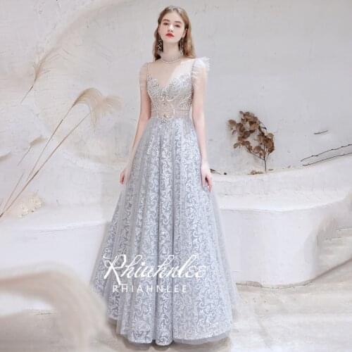 Luxury High Neckline Beading Sexy Evening Dresses 2021 Dubai Grey Crystall A-Line Lace Formal Dress Rhiahnlee