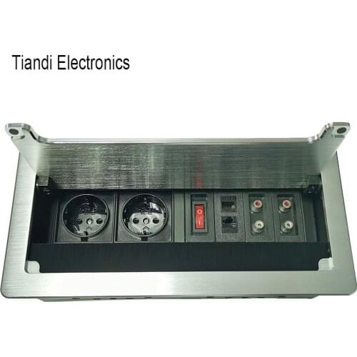 Hidden aluminium multifunctional panel brush clamshell conference tabletop socket+power switch+four tone+dual network interface