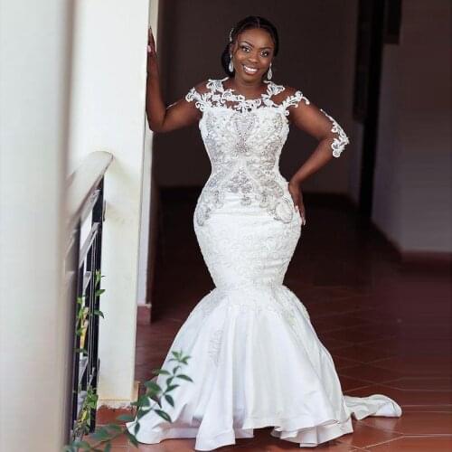 Major Beadings Luxury Mermaid Wedding Dresses With Sheer Neck Long Sleeves Beaded Crystals Sexy Aso Ebi Bridal Dress African