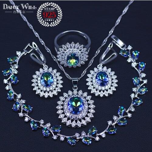 Natural Mystic Rainbow Cubic Zirconia Silver Color Jewelry Set For Women Wedding Earrings/Pendant/Necklace/Ring/Bracelet