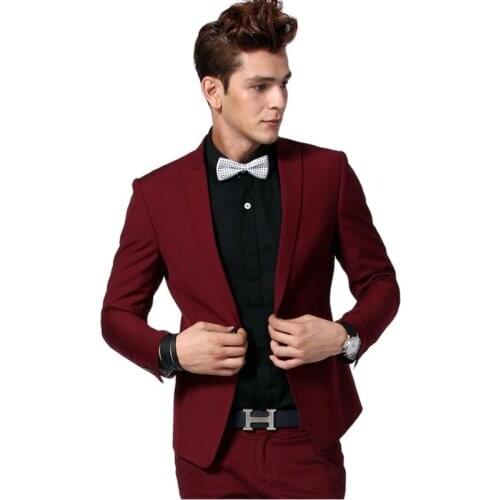 Slim Fits Burgundy Mens Toast Dress Work Business Suits Peak Lapel Party Blazers Coats Groom Tuxedos (Jacket+Pants+Tie) W:714