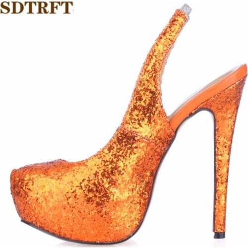SDTRFT Stilettos Plus:35-40 zapatos mujer 14cm High-Heeled Slingbacks shoes woman sexy Round Toe Sandals Dress/Party pumps