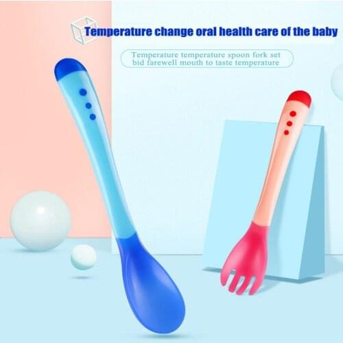 Fork Spoon Feel The Temperature Change Color Childrens Tableware Soft Silicone Tableware Health Baby Feeding Goods