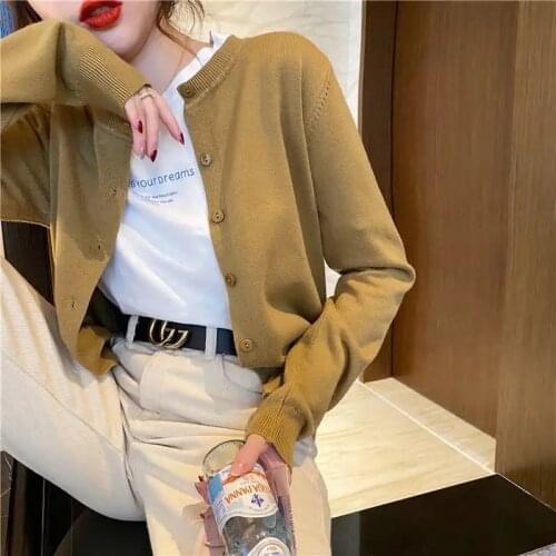 Button Knit Cardigan Women Spring Autumn O-Neck 2021 New Shawl Coat Long Sleeve Knitted Air-Conditioned Shirt Solid Color