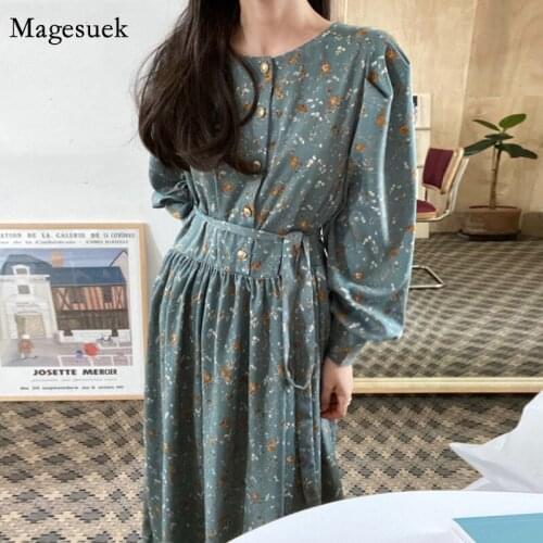 Elegant Straight Ankle-length Women Dress Vintage Floral Print Dress Spring O-neck Single-breasted Lace-up Dress Vestidos 13437