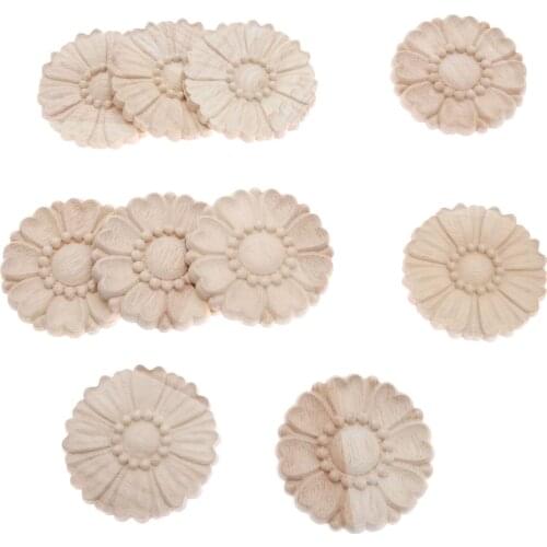 5pcs/1pc 8cm Round Floral Wood Carved Decal Corner Applique Frame Woodcarving Wooden Figurine Home Decor Furniture Small Patch