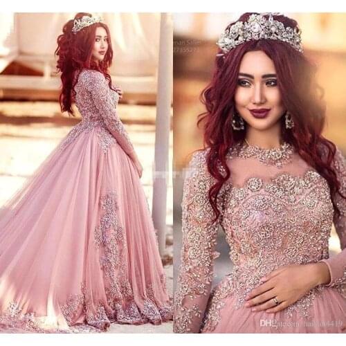2020 Ball Gown Long Sleeves Evening Dresses Princess Muslim Sequins Beaded Illusion Court Train Prom Red Carpet Runway Gown