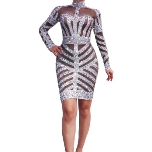 Shining Silver Rhinestones White Dress Womens Birthday Prom Celebrate Long Sleeves Dress Evening Dance Stretch Costume