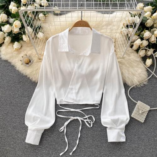 INS Fashion Bandage Shirt Women 2021 Summer Solid Female Satin Long Sleeve Tops White Black Ladies Short Slim Blouse Tops
