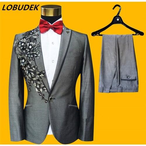 Mens Gray Crystal Sequin Blazers Suits Formal Wedding Suit Singer Chorus Stage Costume Evening Performance Host Master 2 Pieces