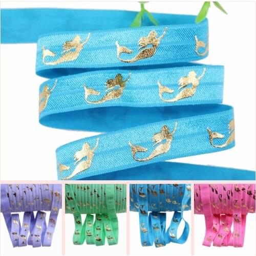 6 colors gold foil mermaid fold over elastic 5/8" gold metallic sea-maid foe elastic